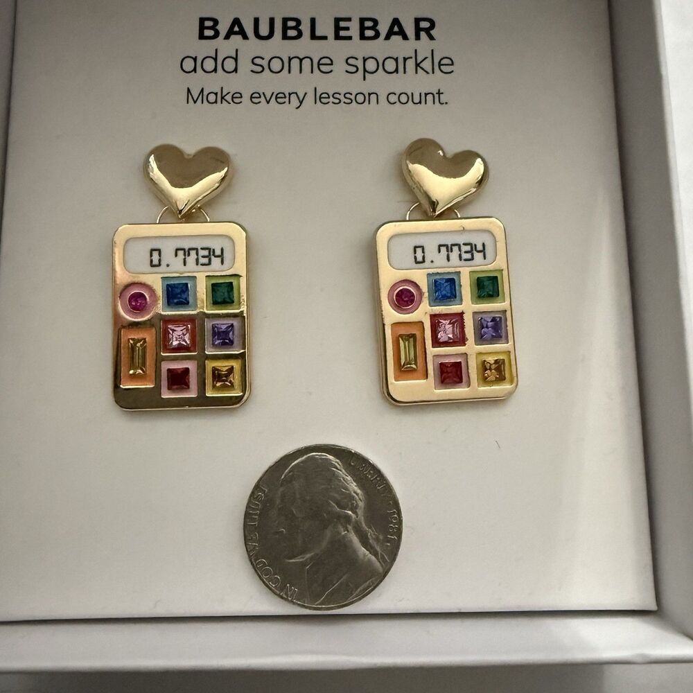 Baublebar Heart with Dangling Sparkle Calculator Earrings Math Teacher Gift New - Picture 3 of 3